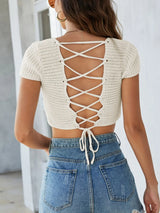 Lace-Up Openwork Square Neck Sweater - V.I.P Digital Presence