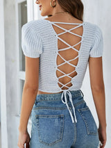 Lace-Up Openwork Square Neck Sweater - V.I.P Digital Presence
