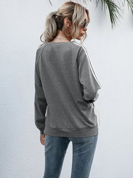 Lace-Up Round Neck Long Sleeve Sweatshirt - V.I.P Digital Presence