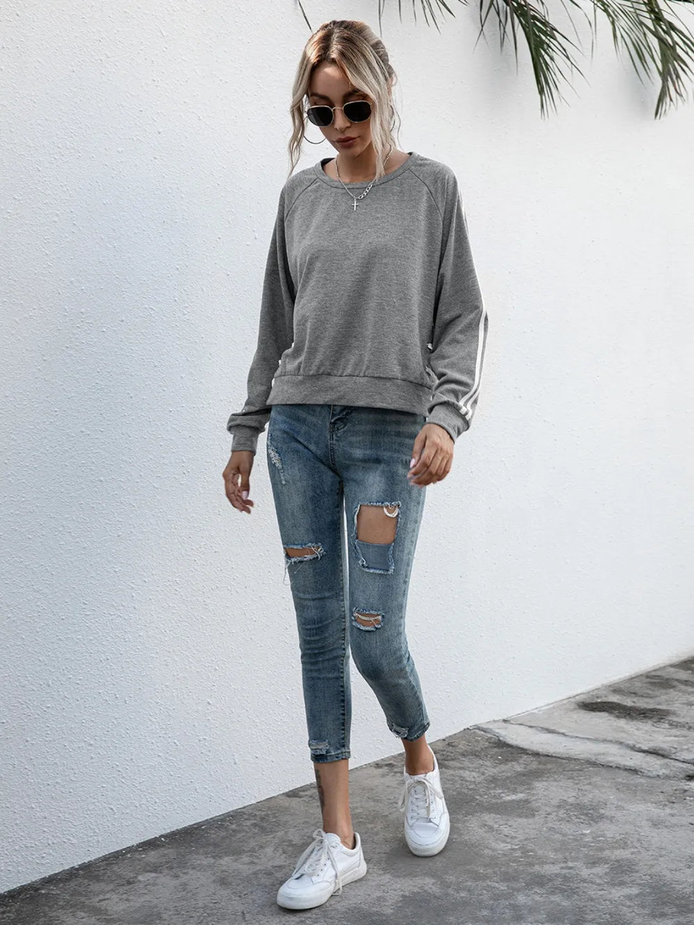 Lace-Up Round Neck Long Sleeve Sweatshirt - V.I.P Digital Presence