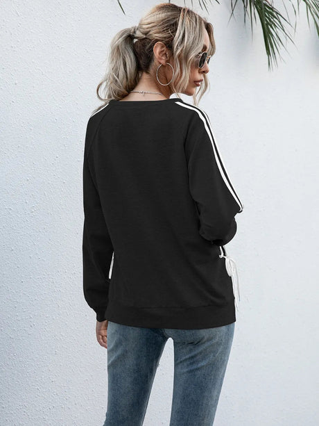 Lace-Up Round Neck Long Sleeve Sweatshirt - V.I.P Digital Presence