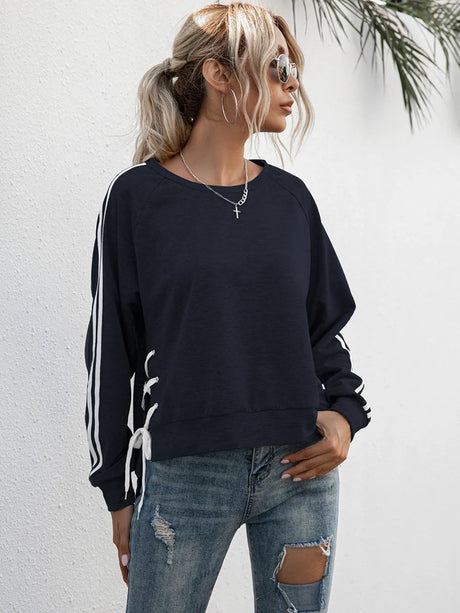 Lace-Up Round Neck Long Sleeve Sweatshirt - V.I.P Digital Presence
