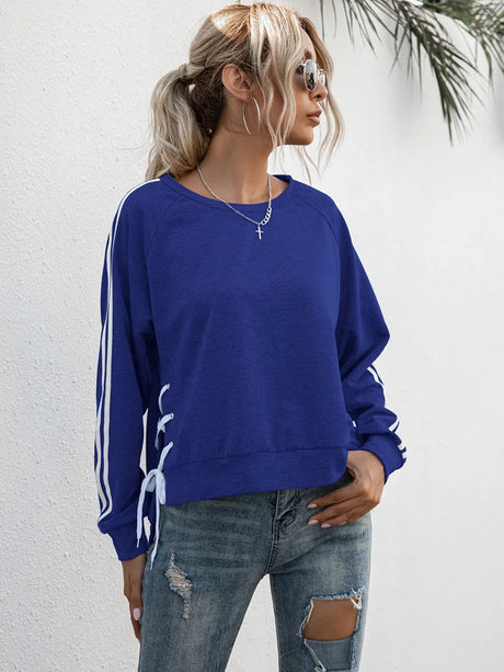 Lace-Up Round Neck Long Sleeve Sweatshirt - V.I.P Digital Presence