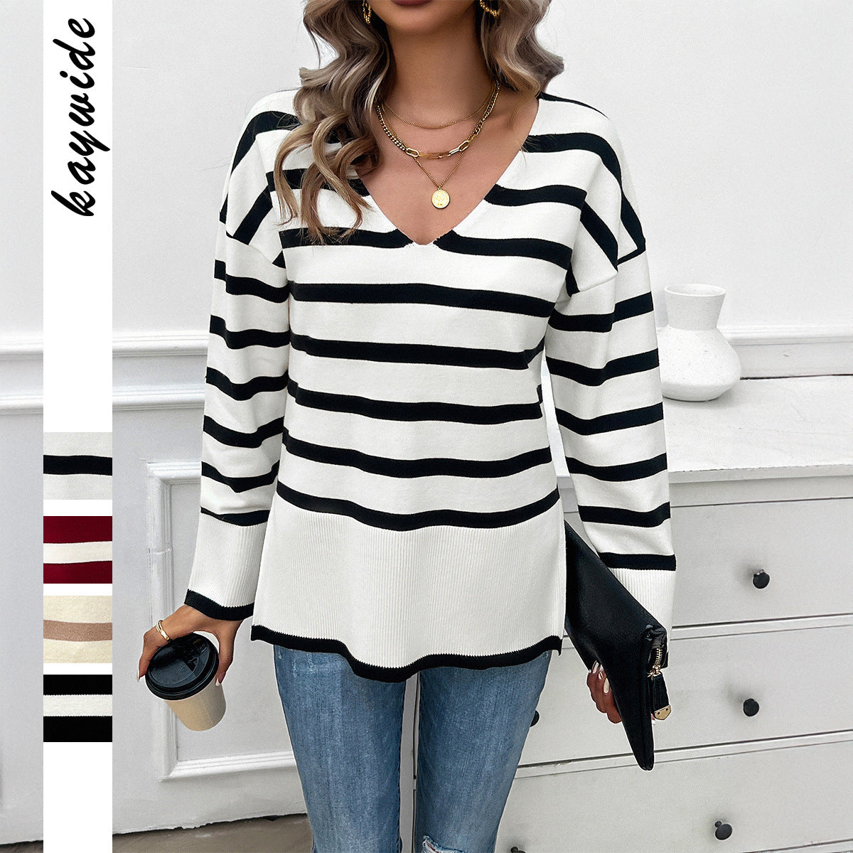 Leisure vacation style contrasting striped long sleeved sweater - V.I.P Digital Presence