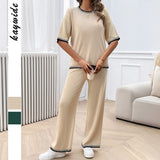 Leisure vacation style simple short sleeved women's straight pants set - V.I.P Digital Presence