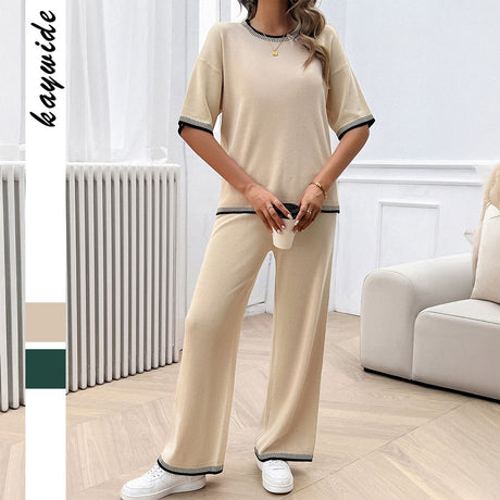Leisure vacation style simple short sleeved women's straight pants set - V.I.P Digital Presence