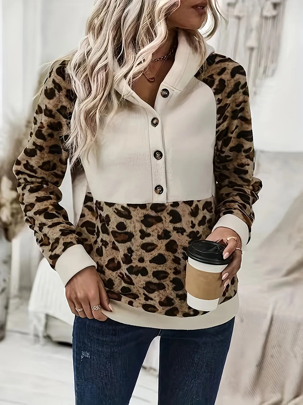 Leopard Half Button Long Sleeve Hoodie - V.I.P Digital Presence