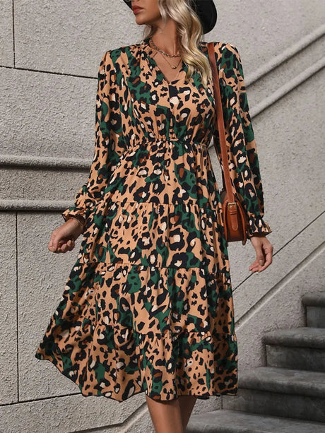 Leopard Notched Flounce Sleeve Midi Dress - V.I.P Digital Presence