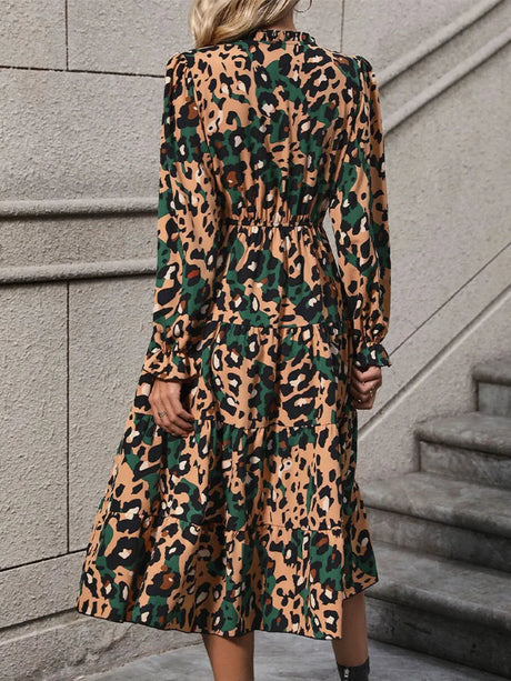 Leopard Notched Flounce Sleeve Midi Dress - V.I.P Digital Presence