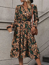 Leopard Notched Flounce Sleeve Midi Dress - V.I.P Digital Presence