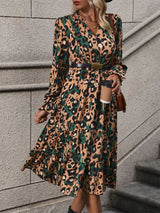 Leopard Notched Flounce Sleeve Midi Dress - V.I.P Digital Presence