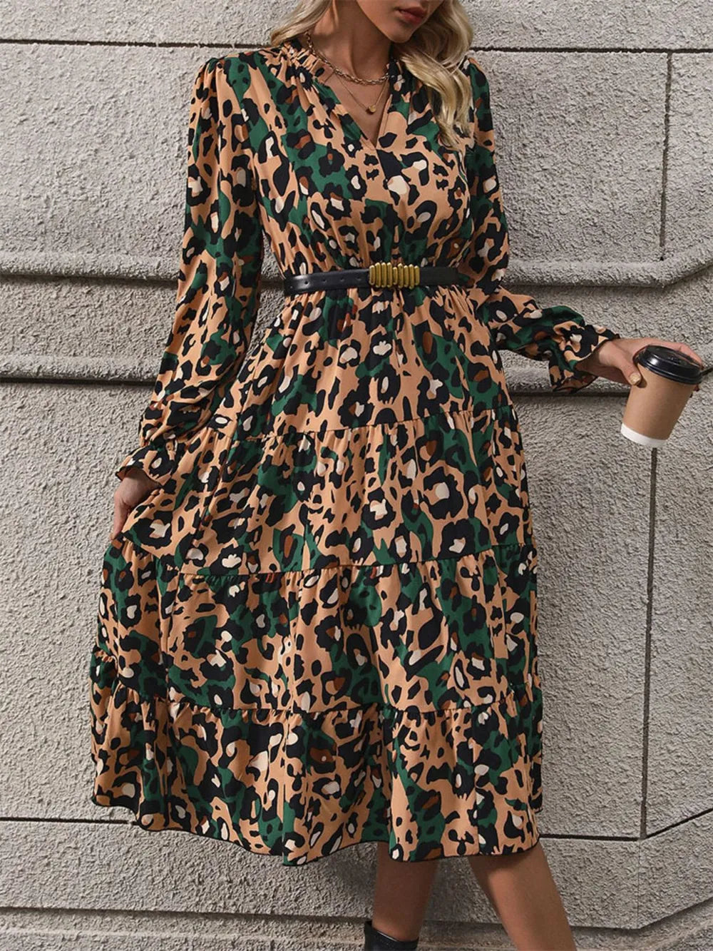 Leopard Notched Flounce Sleeve Midi Dress - V.I.P Digital Presence