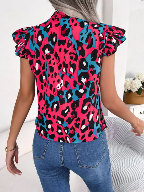 Leopard Tie Neck Cap Sleeve Blouse - V.I.P Digital Presence