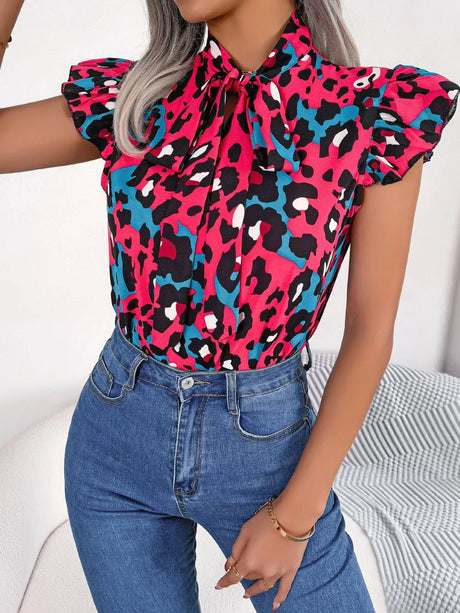 Leopard Tie Neck Cap Sleeve Blouse - V.I.P Digital Presence