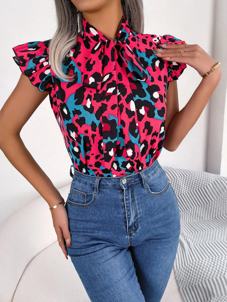 Leopard Tie Neck Cap Sleeve Blouse - V.I.P Digital Presence