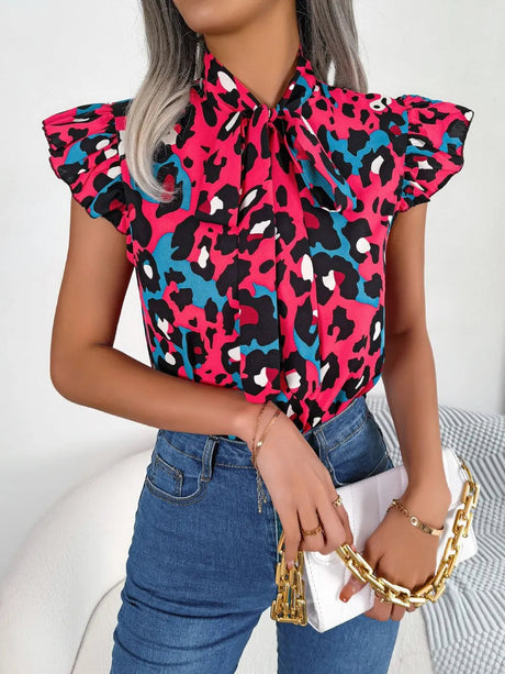 Leopard Tie Neck Cap Sleeve Blouse - V.I.P Digital Presence