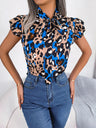 Leopard Tie Neck Cap Sleeve Blouse - V.I.P Digital Presence