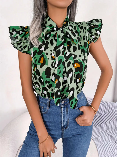 Leopard Tie Neck Cap Sleeve Blouse - V.I.P Digital Presence
