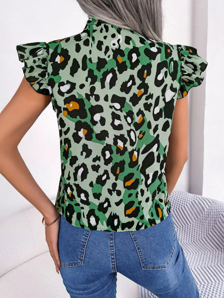 Leopard Tie Neck Cap Sleeve Blouse - V.I.P Digital Presence