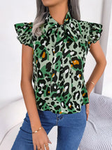 Leopard Tie Neck Cap Sleeve Blouse - V.I.P Digital Presence