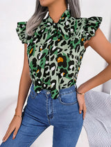Leopard Tie Neck Cap Sleeve Blouse - V.I.P Digital Presence