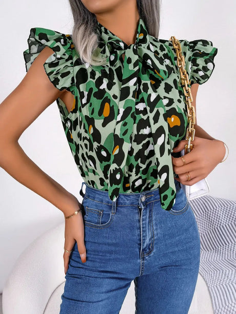 Leopard Tie Neck Cap Sleeve Blouse - V.I.P Digital Presence