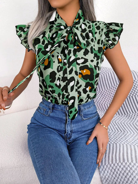 Leopard Tie Neck Cap Sleeve Blouse - V.I.P Digital Presence