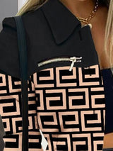 Long sleeved button color blocked printed lapel commuter suit for women - V.I.P Digital Presence