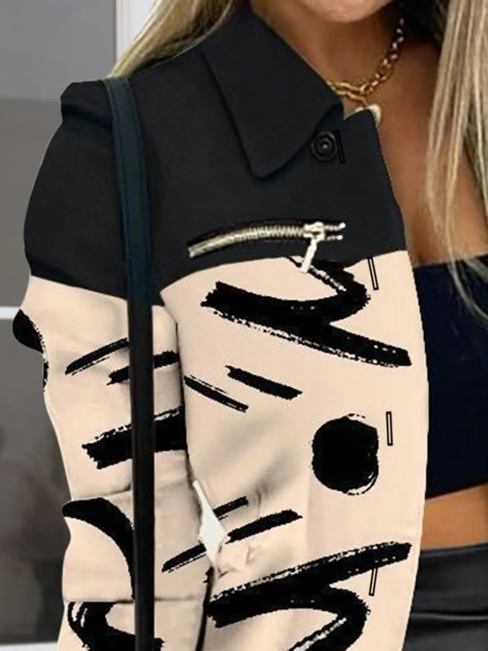 Long sleeved button color blocked printed lapel commuter suit for women - V.I.P Digital Presence