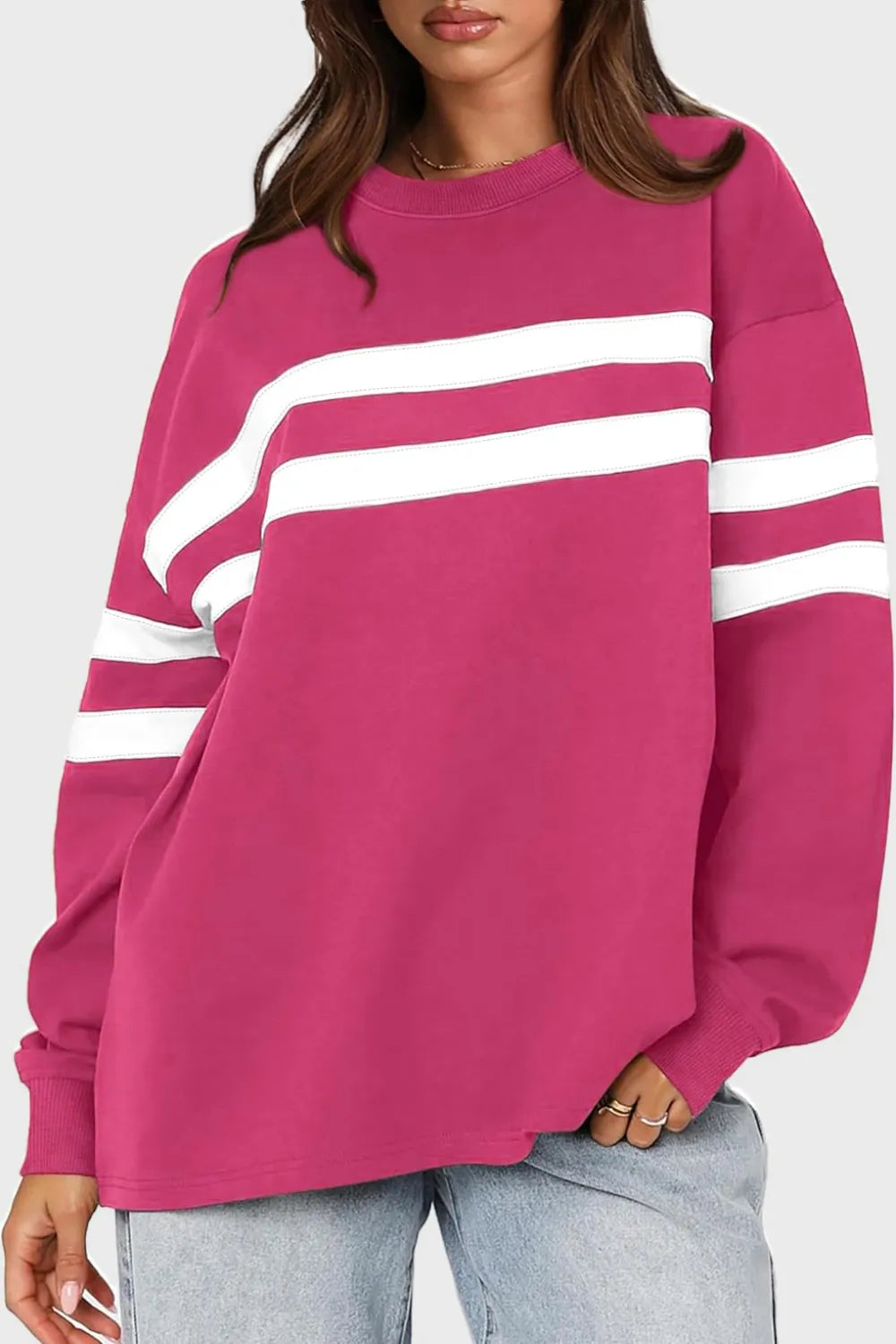 Lovelet Striped Round Neck Dropped Shoulder Sweatshirt - V.I.P Digital Presence