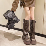 Luxury PU leather fashion Belt Buckle boots sexy ladies Zip Warm Casual Shoes Knee-High Square toe platform chunky boots women - V.I.P Digital Presence