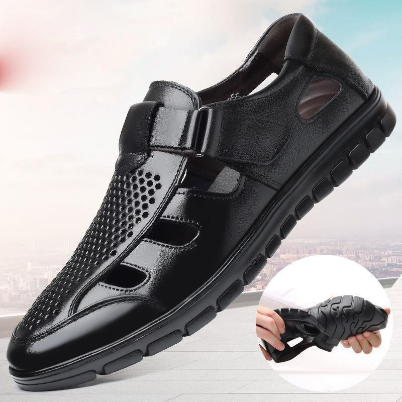 Men's leather sandals summer breathable leather shoes middle-aged and elderly soft soled dad's perforated shoes - V.I.P Digital Presence