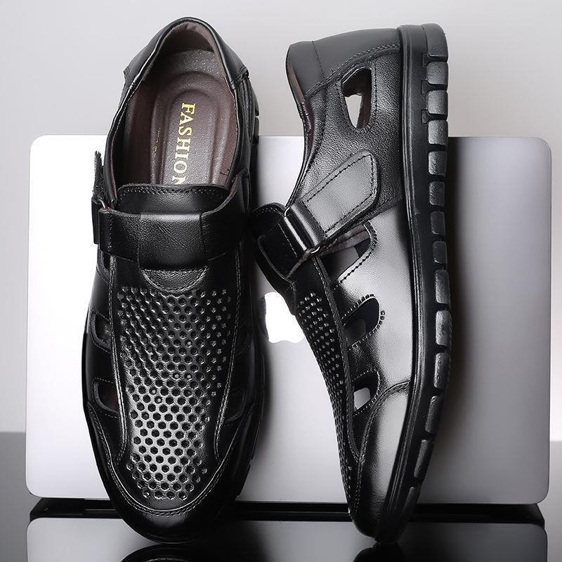 Men's leather sandals summer breathable leather shoes middle-aged and elderly soft soled dad's perforated shoes - V.I.P Digital Presence