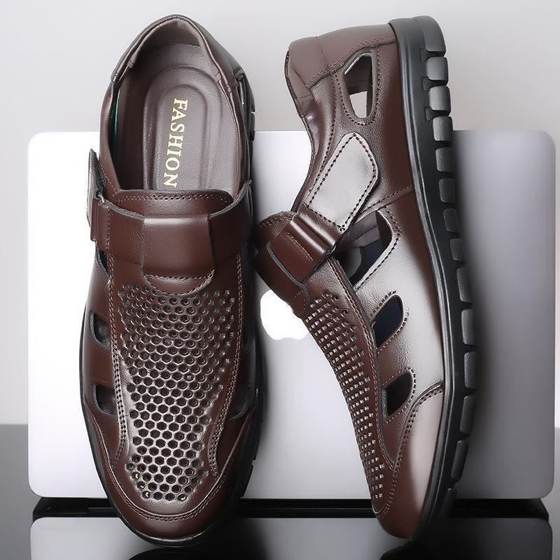 Men's leather sandals summer breathable leather shoes middle-aged and elderly soft soled dad's perforated shoes - V.I.P Digital Presence