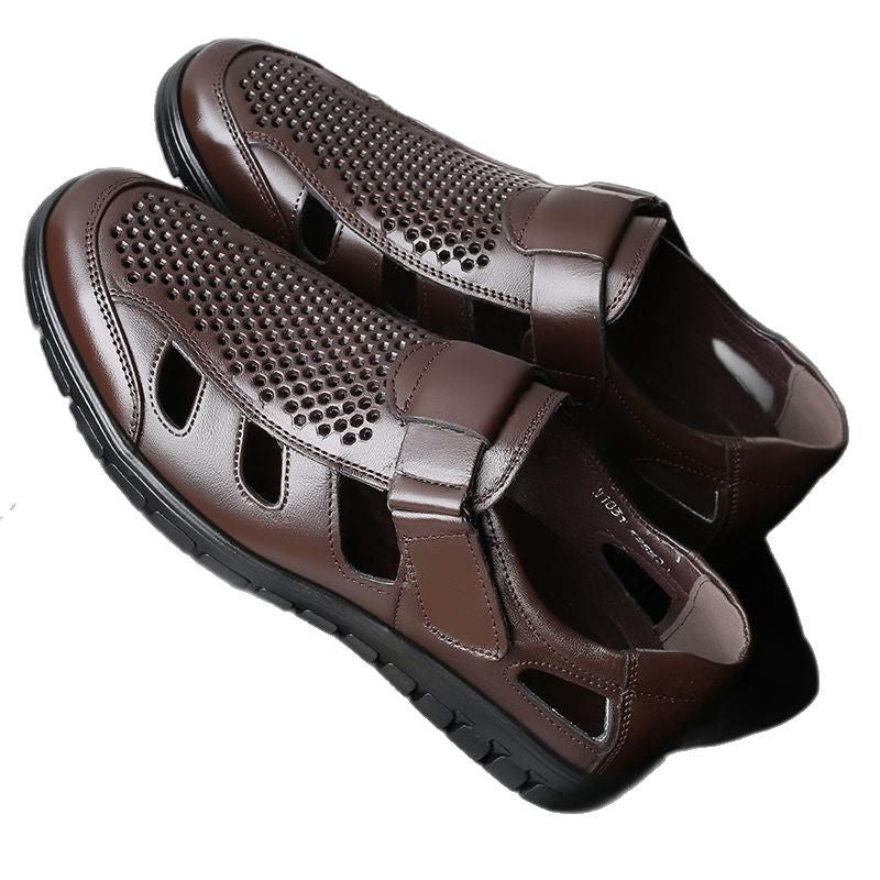 Men's leather sandals summer breathable leather shoes middle-aged and elderly soft soled dad's perforated shoes - V.I.P Digital Presence