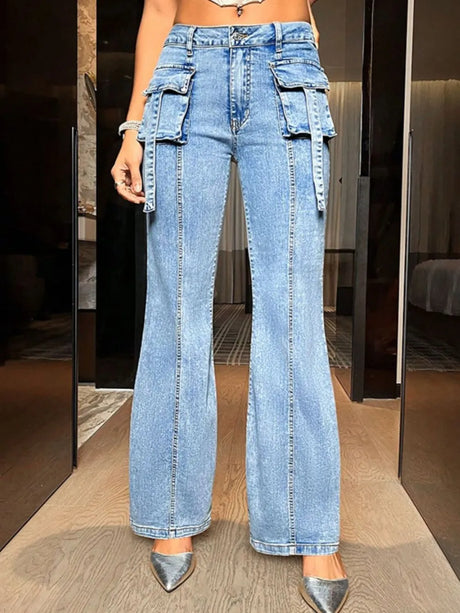 Mid Rise Straight Jeans with Cargo Pockets - V.I.P Digital Presence