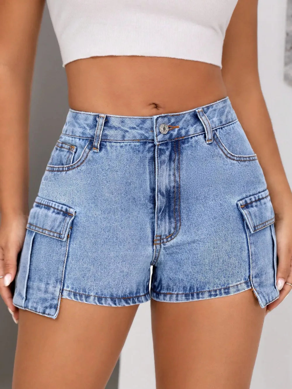 Mid-Rise Waist Denim Shorts with Pockets - V.I.P Digital Presence