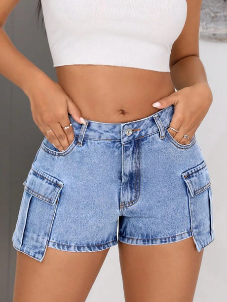 Mid-Rise Waist Denim Shorts with Pockets - V.I.P Digital Presence