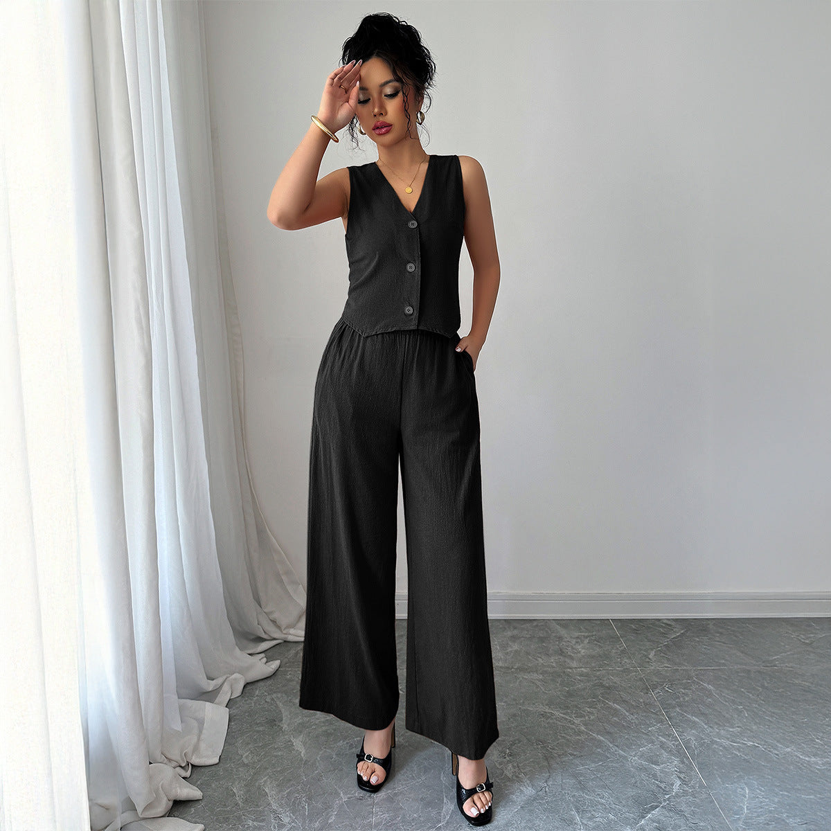 Minimally Sleeveless T-shirt Wide Leg Pants Two Piece Set - V.I.P Digital Presence