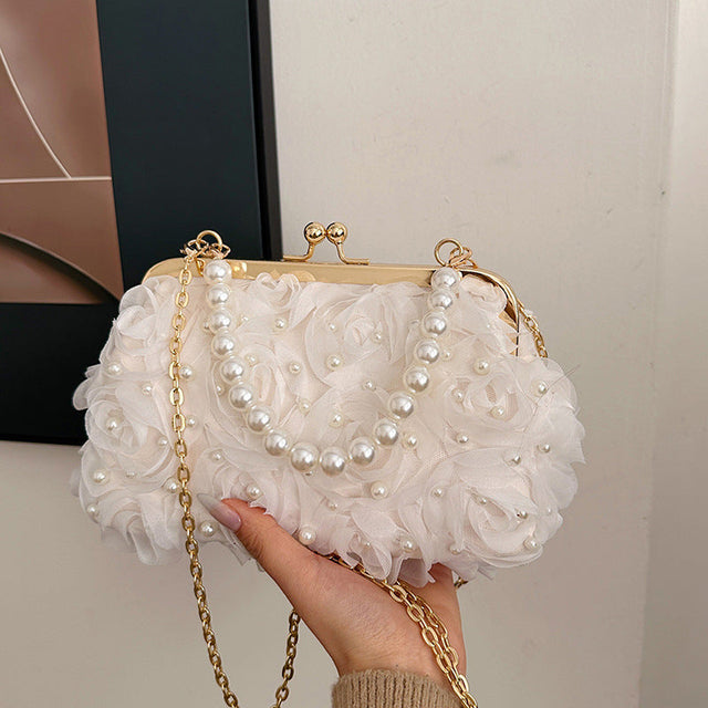 Net Lace Pleated Clutch Evening Handbag Korean Sweet Style Pearl Chain Crossbody Bag - V.I.P Digital Presence