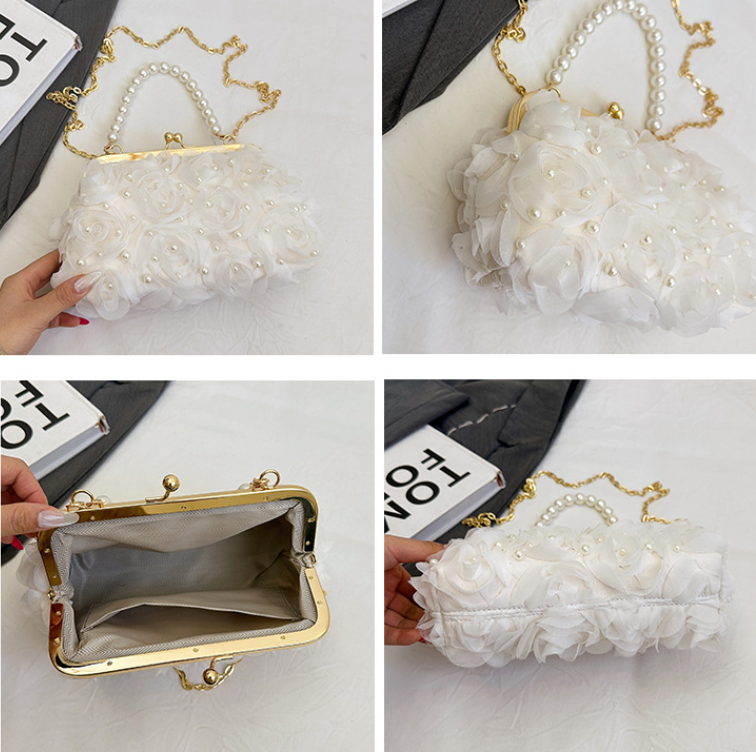 Net Lace Pleated Clutch Evening Handbag Korean Sweet Style Pearl Chain Crossbody Bag - V.I.P Digital Presence