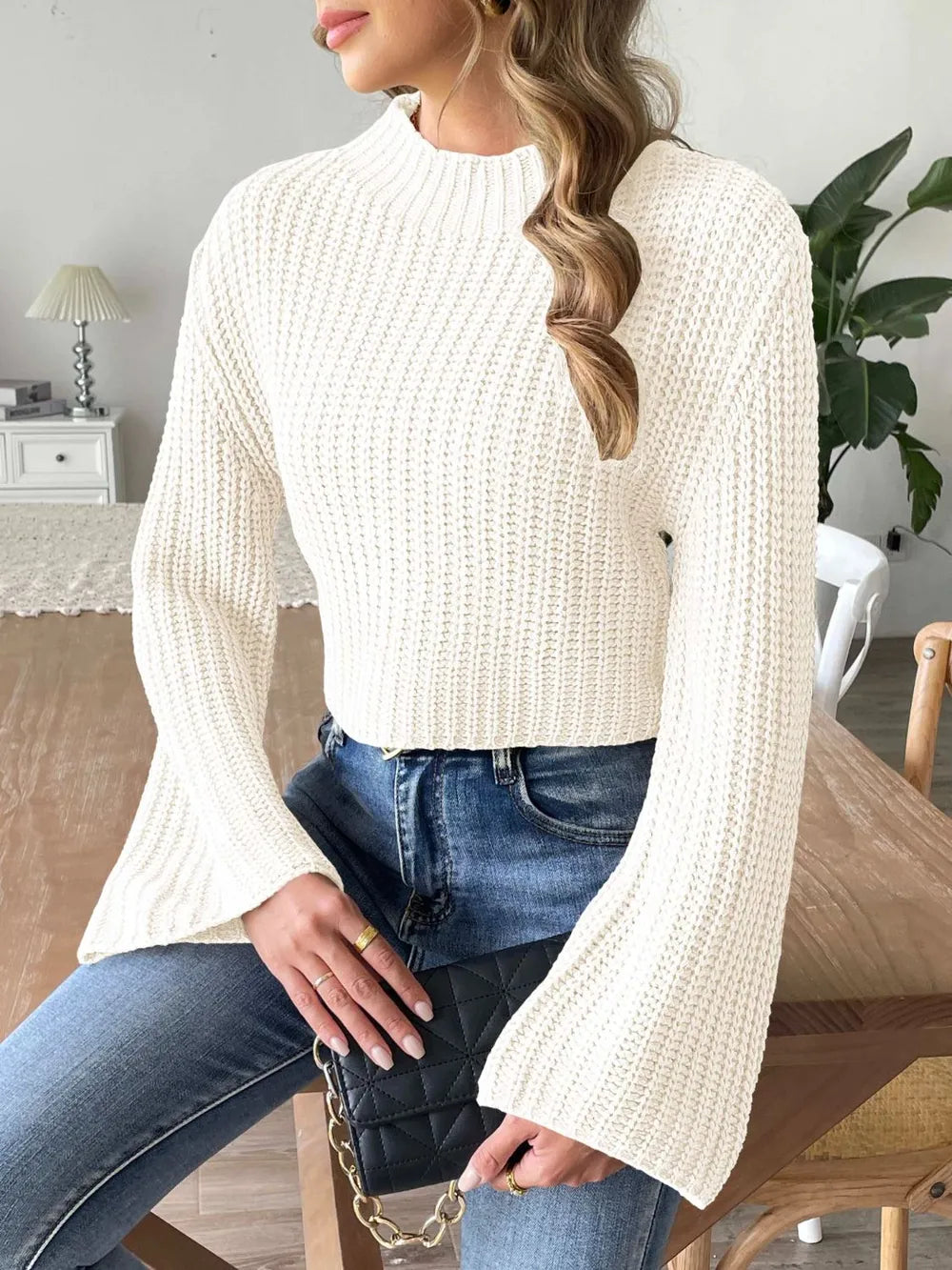 New autumn and winter flared sleeve semi high neck pullover sweater - V.I.P Digital Presence