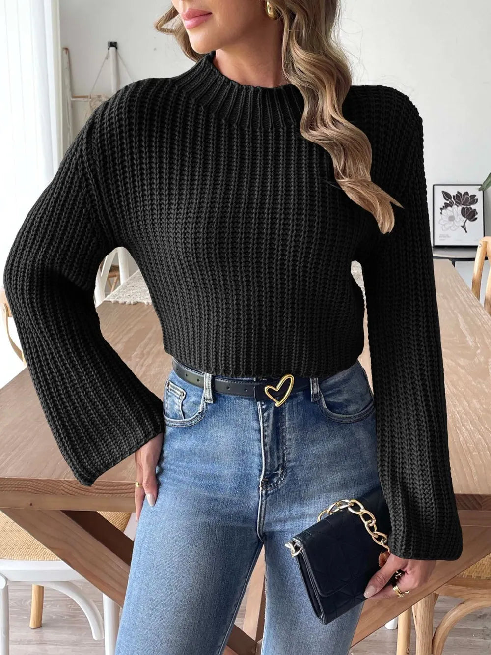 New autumn and winter flared sleeve semi high neck pullover sweater - V.I.P Digital Presence
