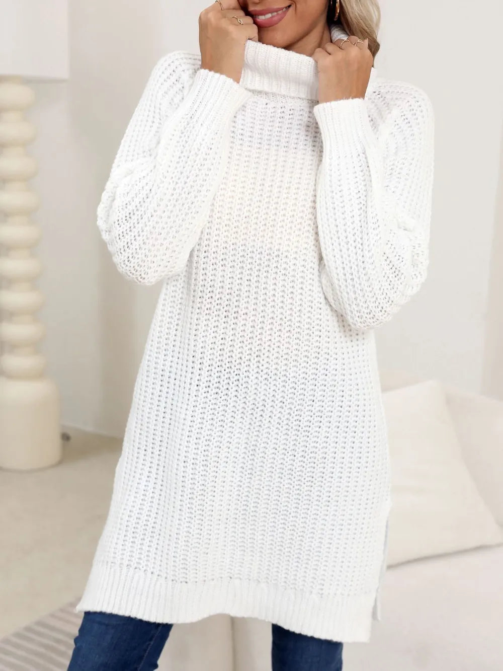 New autumn and winter thick sweater high neck simple slit dress - V.I.P Digital Presence