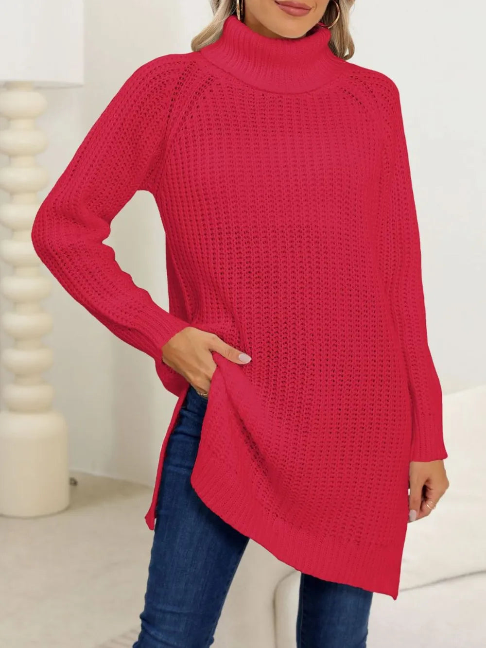 New autumn and winter thick sweater high neck simple slit dress - V.I.P Digital Presence