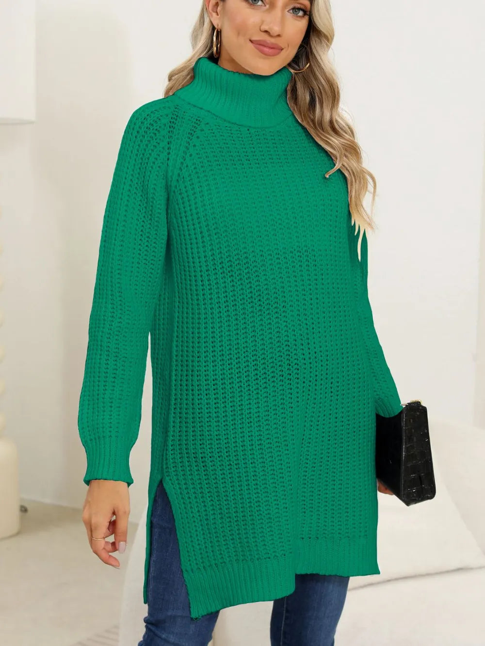 New autumn and winter thick sweater high neck simple slit dress - V.I.P Digital Presence