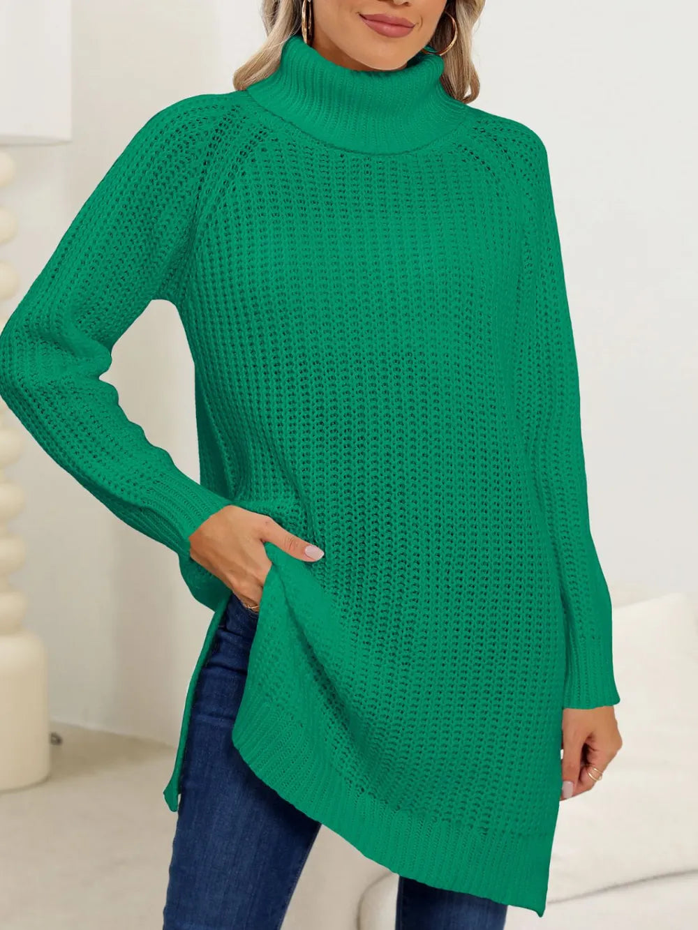 New autumn and winter thick sweater high neck simple slit dress - V.I.P Digital Presence