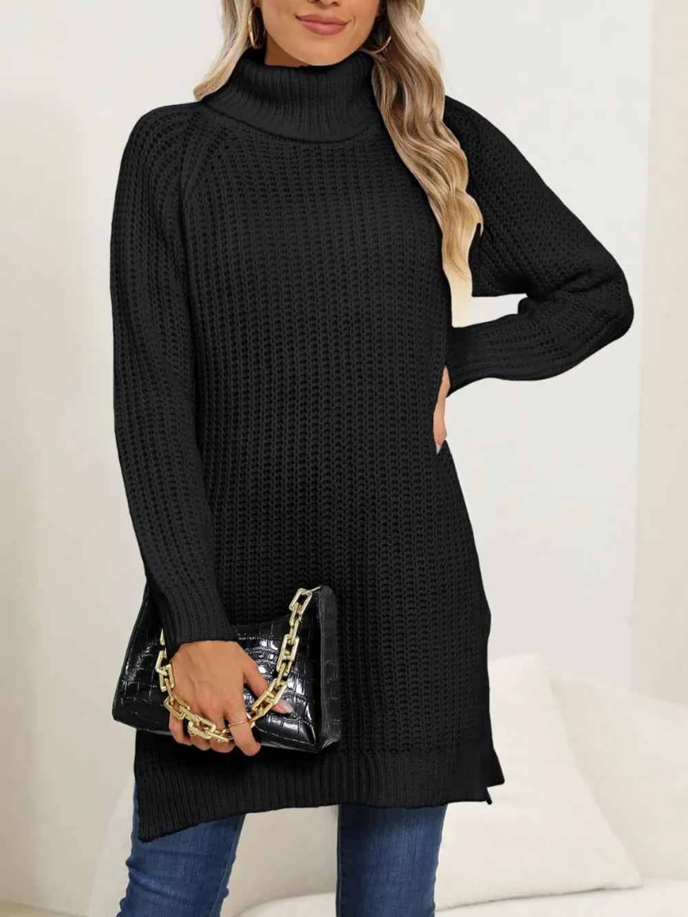 New autumn and winter thick sweater high neck simple slit dress - V.I.P Digital Presence