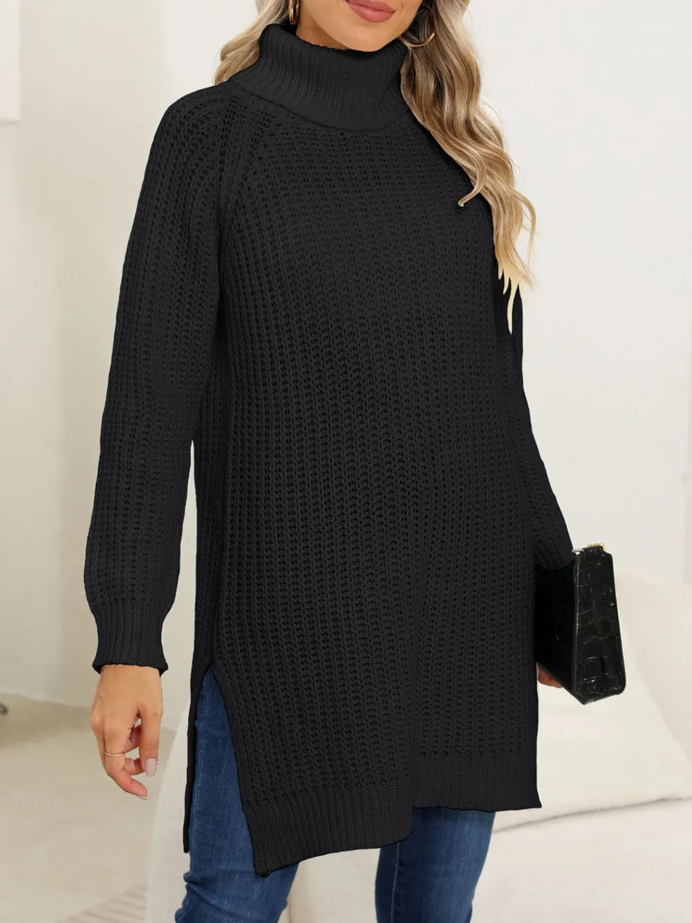 New autumn and winter thick sweater high neck simple slit dress - V.I.P Digital Presence
