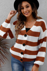 New autumn and winter women's clothing contrasting striped button spliced woven sweater jacket - V.I.P Digital Presence